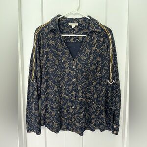 Monsoon: Navy & Gold Patterned Button Up Shirt: Size US 6
